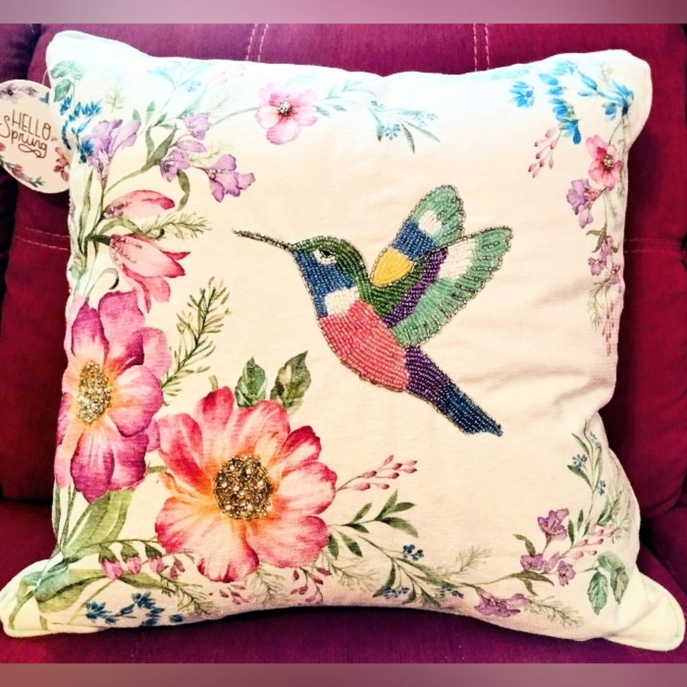 Shabby Chic Beaded Hummingbird Floral Decorative Pillow Embellished Pink Purple